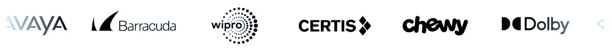 Logos of Chewy, Dolby, Expedia Group, Everlaw, Jacobs, Wipro, Avaya, Barracuda, Certis, Teradata, and Fabletics.