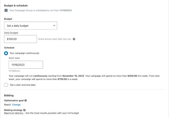 Screenshot of Campaign Manager, "Budget & Schedule" section