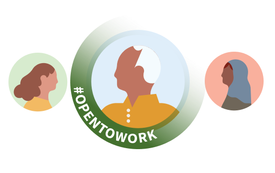 Abbildung von drei Profilfotos von Kandidat:innen, von denen eine:r den Hashtag #OpenToWork verwendet