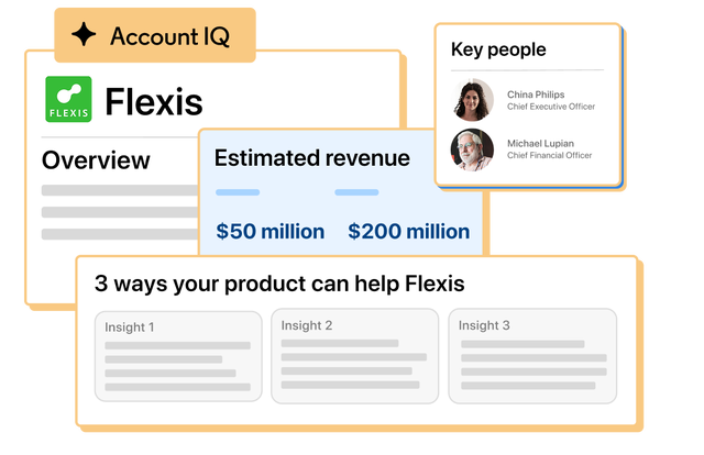 Image of LinkedIn Sales Navigator’s Account IQ feature showing company overview, revenue estimates, and key decision-makers to help sellers target high-value accounts.