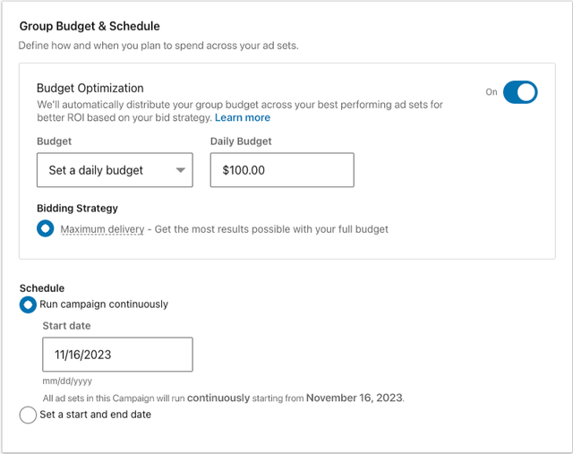 Screenshot of Campaign Manager, "group budget & schedule" section